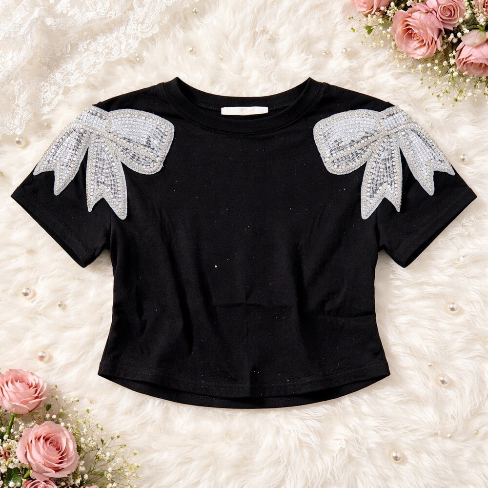 Lizette Collection T-Shirt Womens Size S Black Cropped Sparkle Sequin Bow - Picture 3 of 6